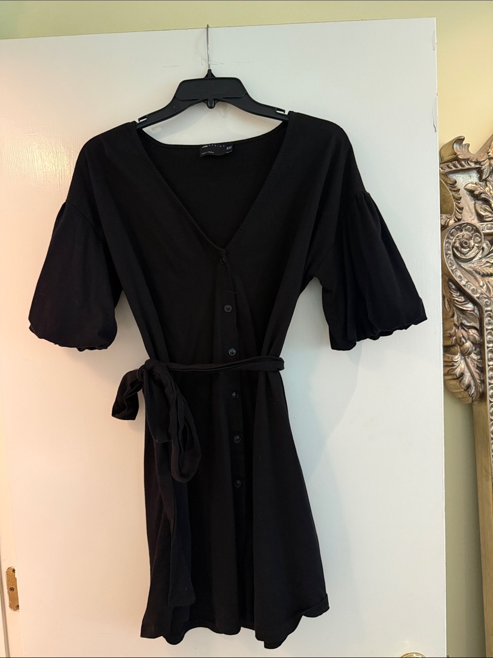 ASOS Black V-Neck Button Front Mini Dress with Puff Sleeves